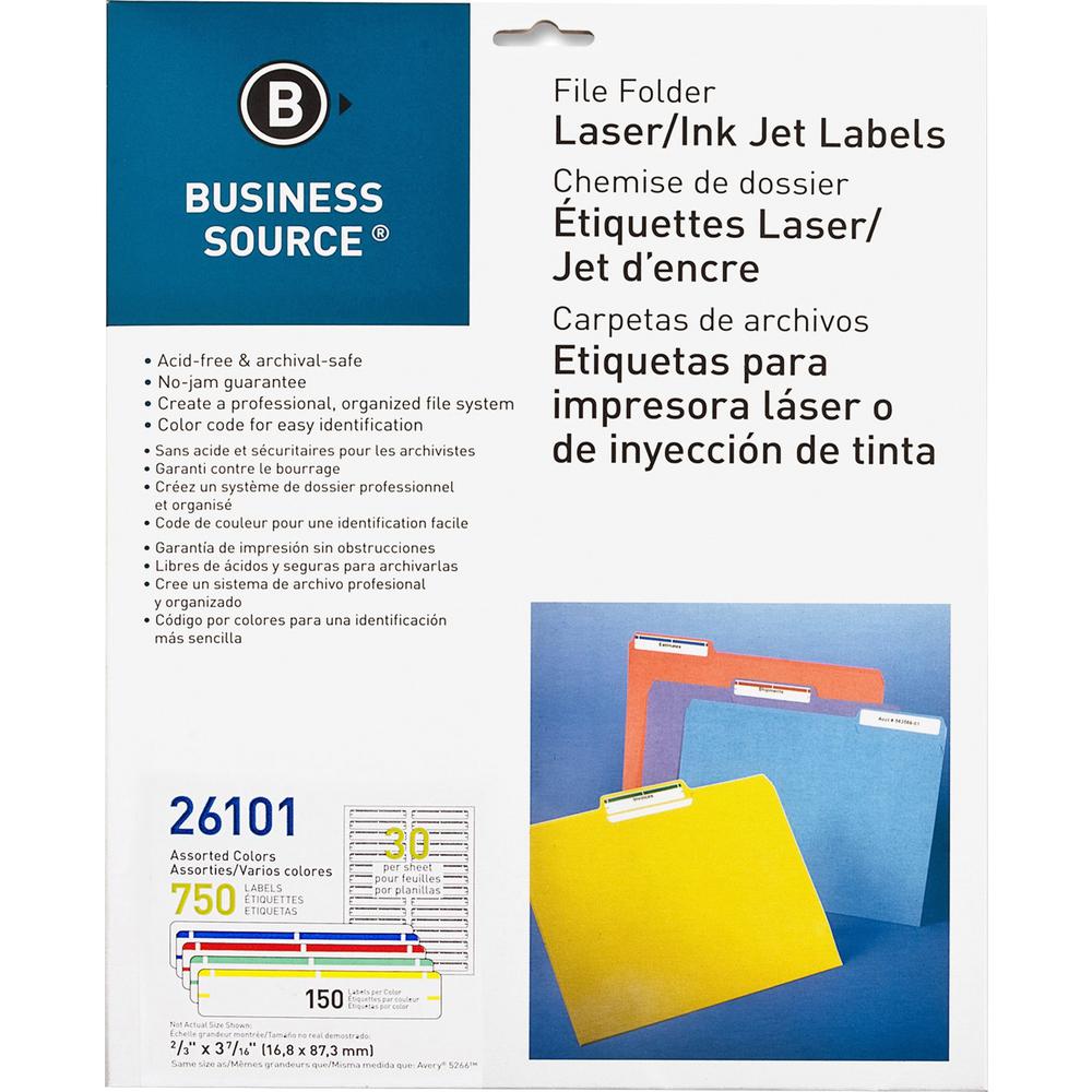 Business Source Laser/Inkjet File Folder Labels - 21/32" Width x 3 7/16" Length - Permanent Adhesive - Rectangle - Laser, Inkjet - Assorted - 30 / Sheet - 750 / Pack - Jam-free, Lignin-free, Self-adhe. Picture 1