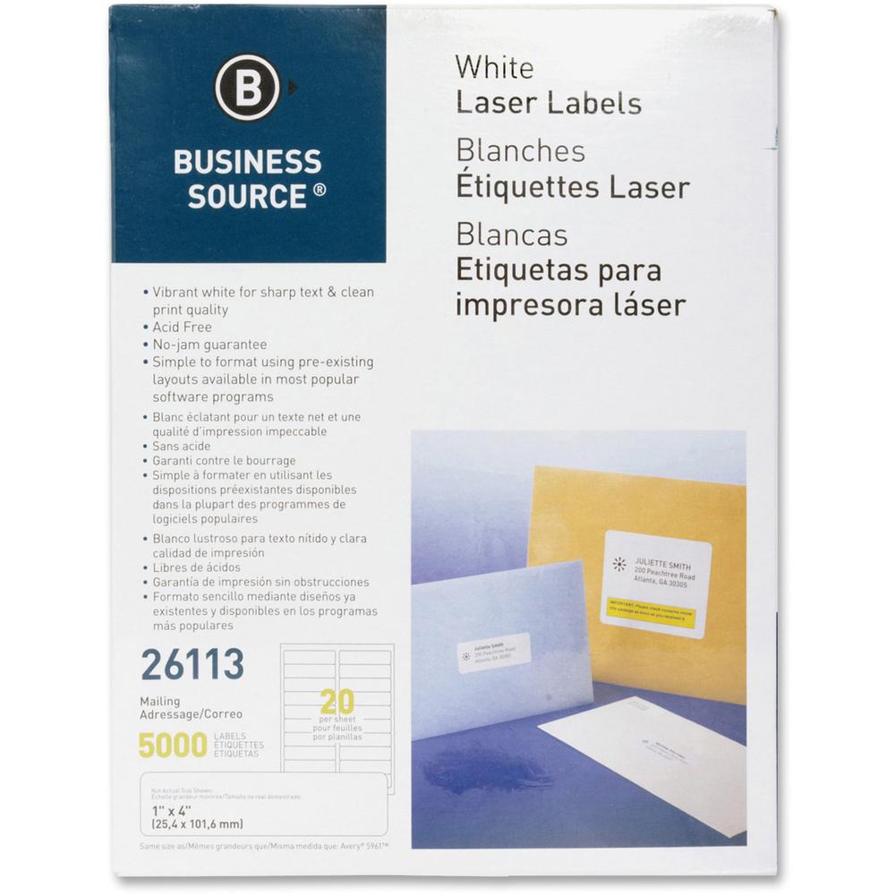 Business Source Bright White Premium-quality Address Labels - 1" Width x 4" Length - Permanent Adhesive - Rectangle - Laser, Inkjet - White - 20 / Sheet - 250 Total Sheets - 5000 / Pack - Lignin-free,. Picture 1
