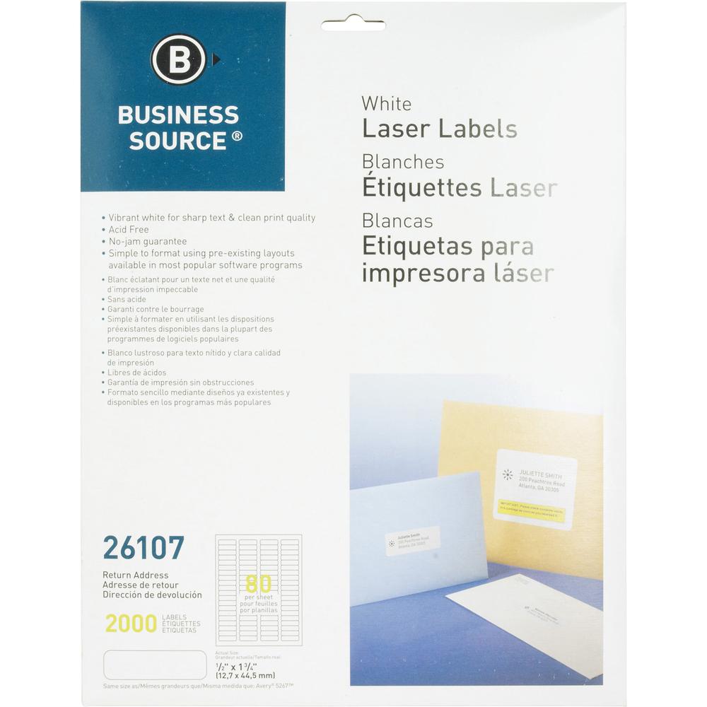 Business Source Address Laser Labels - 1/2" Width x 1 3/4" Length - Permanent Adhesive - Rectangle - Laser - White - 80 / Sheet - 25 Total Sheets - 2000 / Pack - Lignin-free, Jam-free. Picture 1