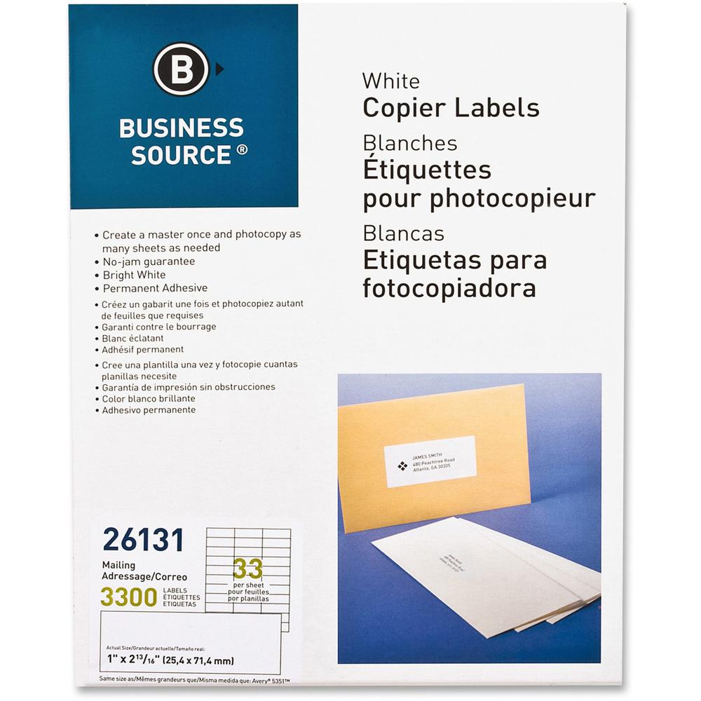 Business Source Bright White Copier Labels - 1" Width x 2 3/4" Length - Rectangle - White - 33 / Sheet - 3300 / Pack - Lignin-free, Jam-free. Picture 1