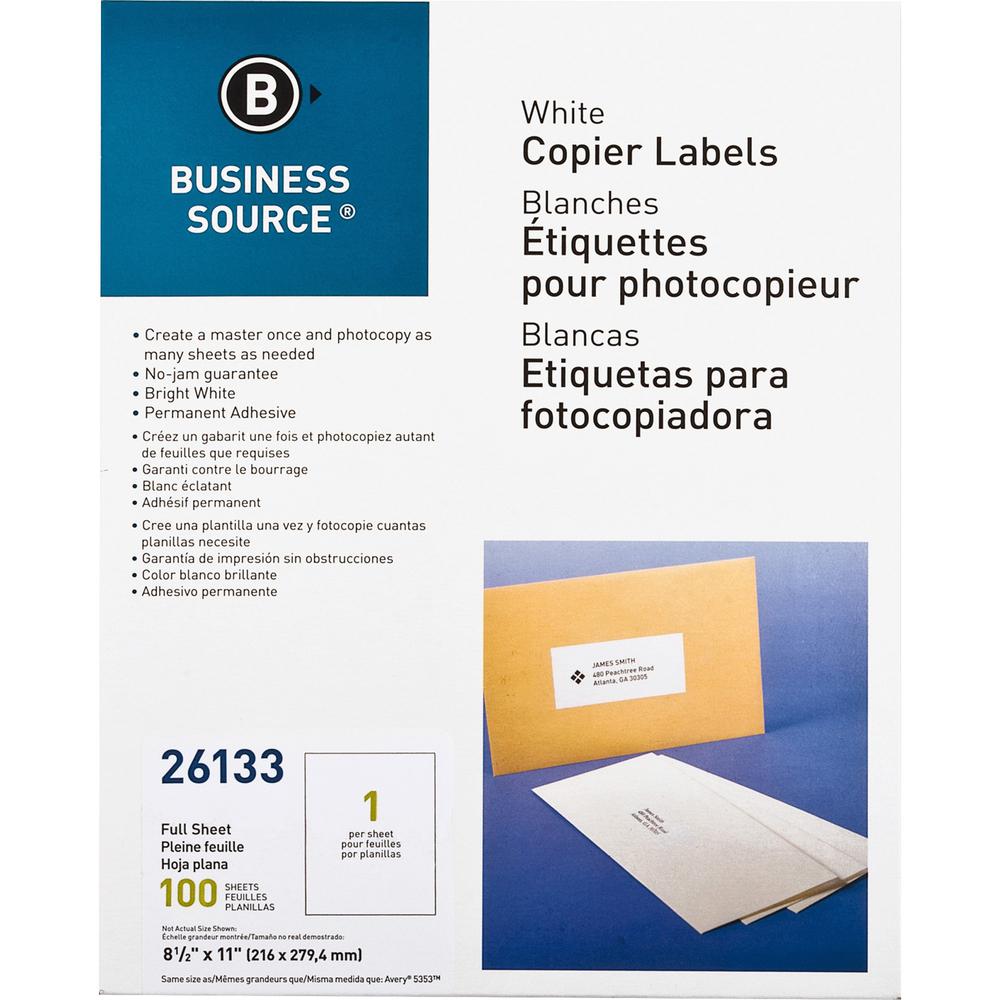 Business Source 8-1/2"x11" Copier Labels - 8 1/2" Width x 11" Length - Rectangle - White - 1 / Sheet - 100 / Pack - Lignin-free, Jam-free. Picture 1