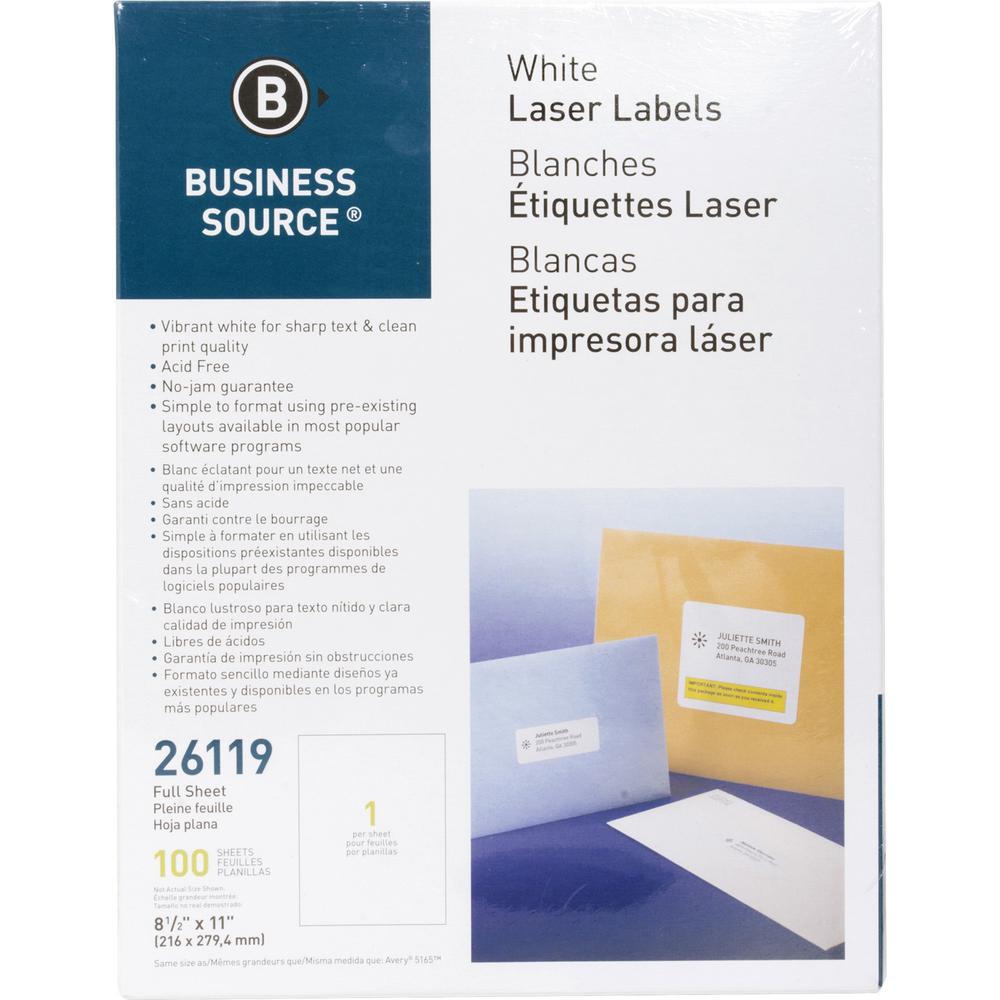 Business Source Address Labels - 8 1/2" Width x 11" Length - Permanent Adhesive - Rectangle - Laser, Inkjet - White - 1 / Sheet - 100 Total Sheets - 100 / Pack - Lignin-free, Jam-free. Picture 1