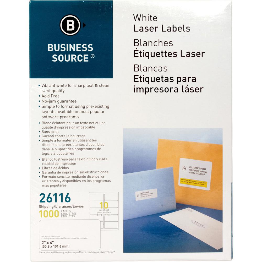 Business Source Bright White Premium-quality Shipping Labels - 2" Width x 4" Length - Permanent Adhesive - Rectangle - Laser, Inkjet - White - 10 / Sheet - 100 Total Sheets - 1000 / Pack - Lignin-free. Picture 1