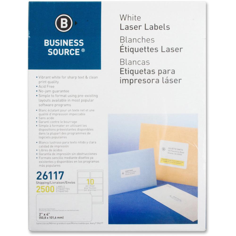 Business Source Bright White Premium-quality Shipping Labels - 2" Width x 4" Length - Permanent Adhesive - Rectangle - Laser, Inkjet - White - 10 / Sheet - 250 Total Sheets - 2500 / Pack - Lignin-free. Picture 1