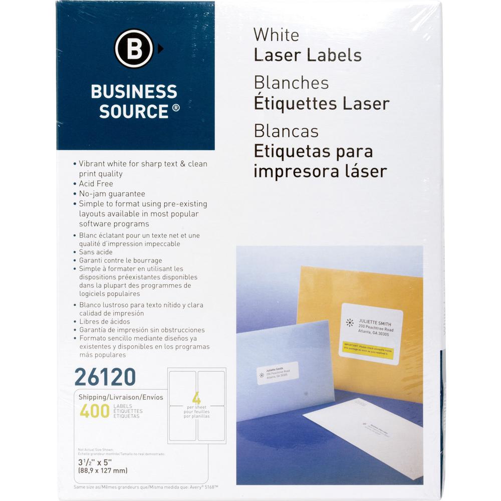 Business Source Bright White Premium-quality Address Labels - 3 1/2" x 5" Length - Permanent Adhesive - Rectangle - Laser, Inkjet - White - 4 / Sheet - 100 Total Sheets - 400 / Pack - Lignin-free, Jam. The main picture.