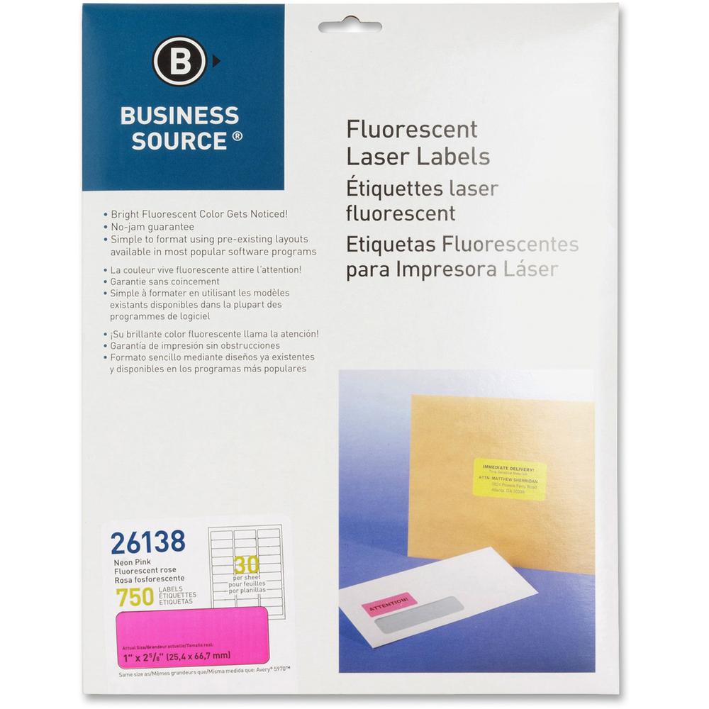 Business Source Neon Labels - 1" Width x 2 5/8" Length - Permanent Adhesive - Rectangle - Laser - Neon Pink - 30 / Sheet - 750 / Pack - Jam-free, Pressure Sensitive. Picture 1