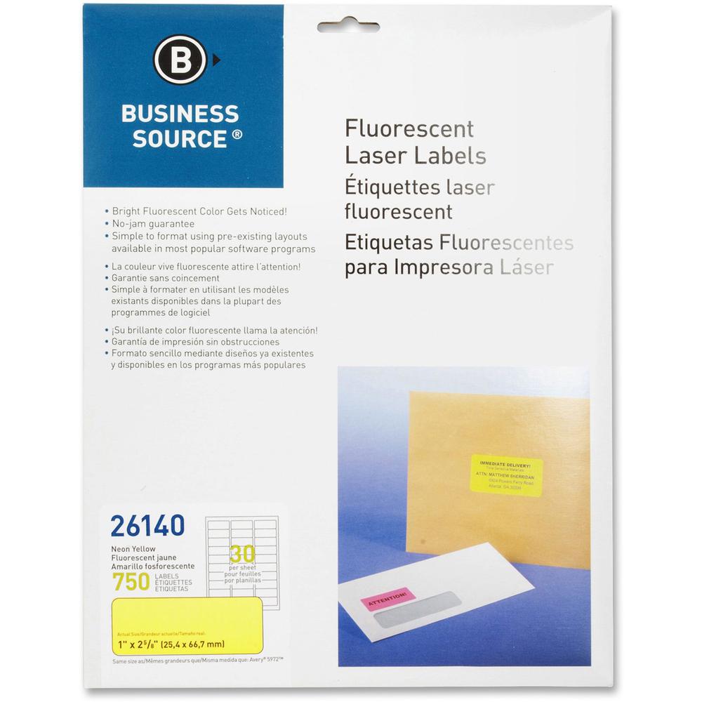 Business Source Neon Labels - 1" Width x 2 5/8" Length - Permanent Adhesive - Rectangle - Laser - Neon Yellow - 30 / Sheet - 750 / Pack - Jam-free, Pressure Sensitive. Picture 1