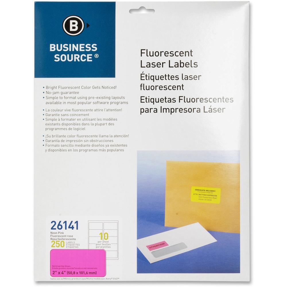 Business Source 2" Fluorescent Color Laser Labels - 2" x 4" Length - Permanent Adhesive - Rectangle - Laser - Neon Pink - 10 / Sheet - 250 / Pack. The main picture.