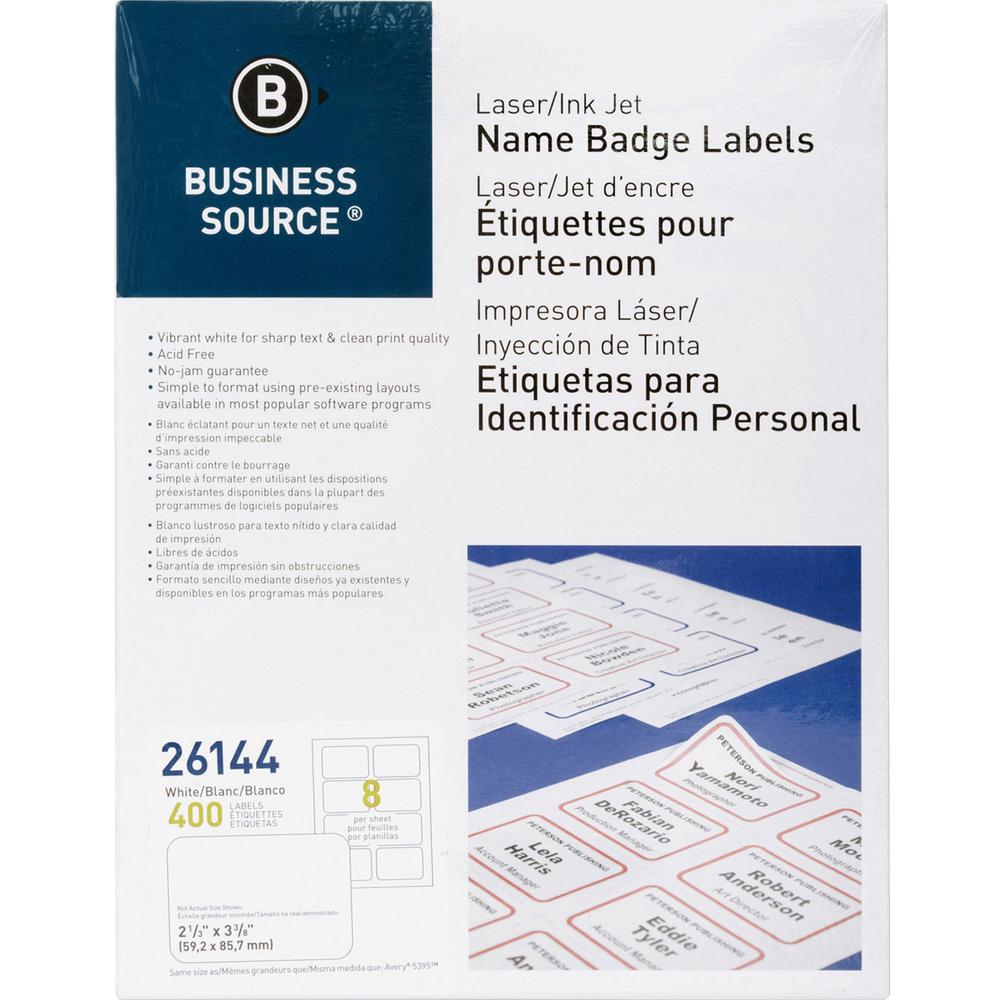 Business Source Laser/Inkjet Name Badge Labels - 2 1/3" x 3 3/8" Length - Rectangle - Laser, Inkjet - White - 8 / Sheet - 400 / Pack. The main picture.