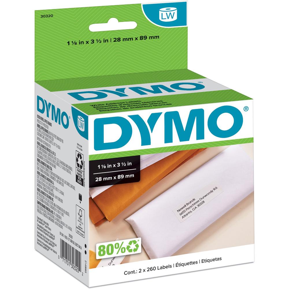 Dymo High-Capacity Address Labels - 1 1/8" Width x 3 1/2" Length - Permanent Adhesive - Rectangle - Direct Thermal - White - Paper - 260 / Roll - 520 / Box - Self-adhesive. Picture 1