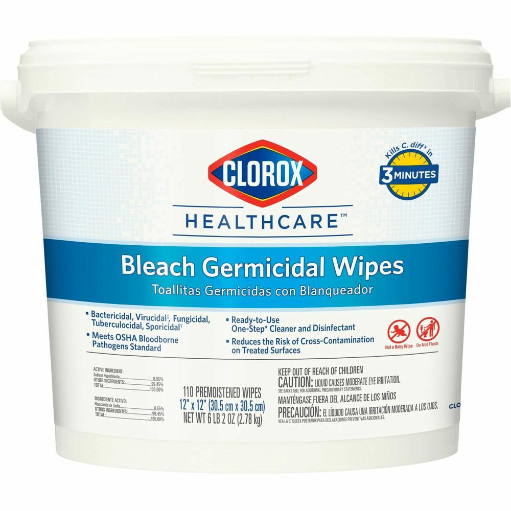 Clorox Healthcare Bleach Germicidal Wipes - Ready-To-Use Wipe12" Width x 12" Length - 1 Each - White. The main picture.