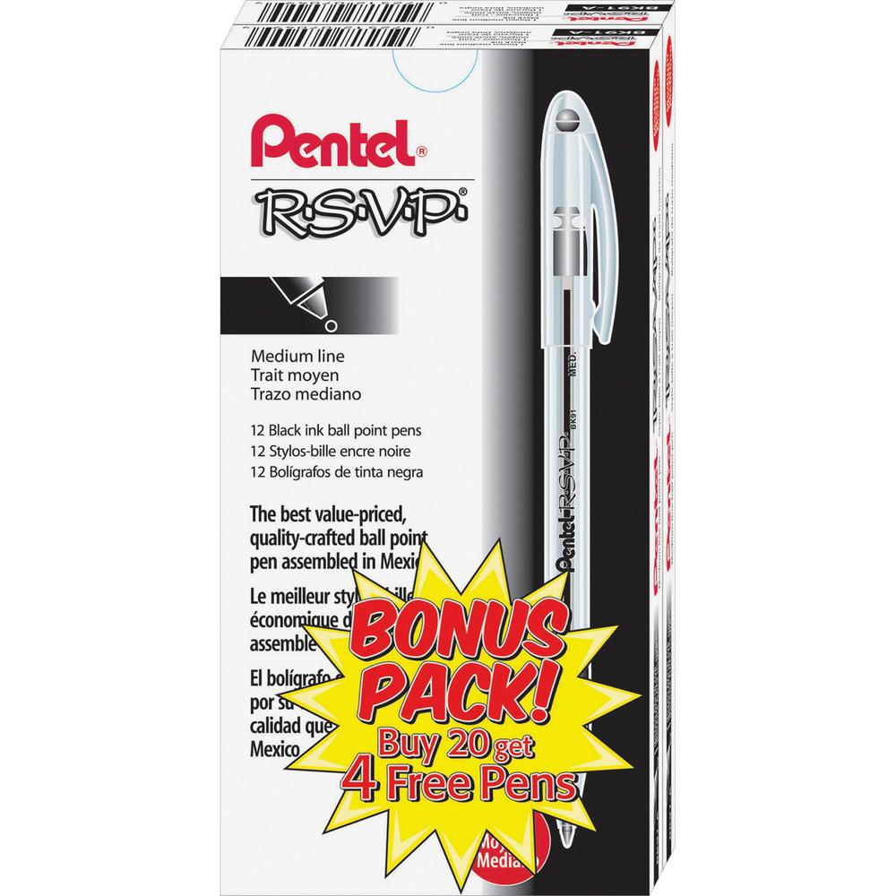 Pentel R.S.V.P. Ballpoint Stick Pens - Medium Pen Point - Refillable - Black - Clear Barrel - Stainless Steel Tip - 24 / Pack. Picture 1