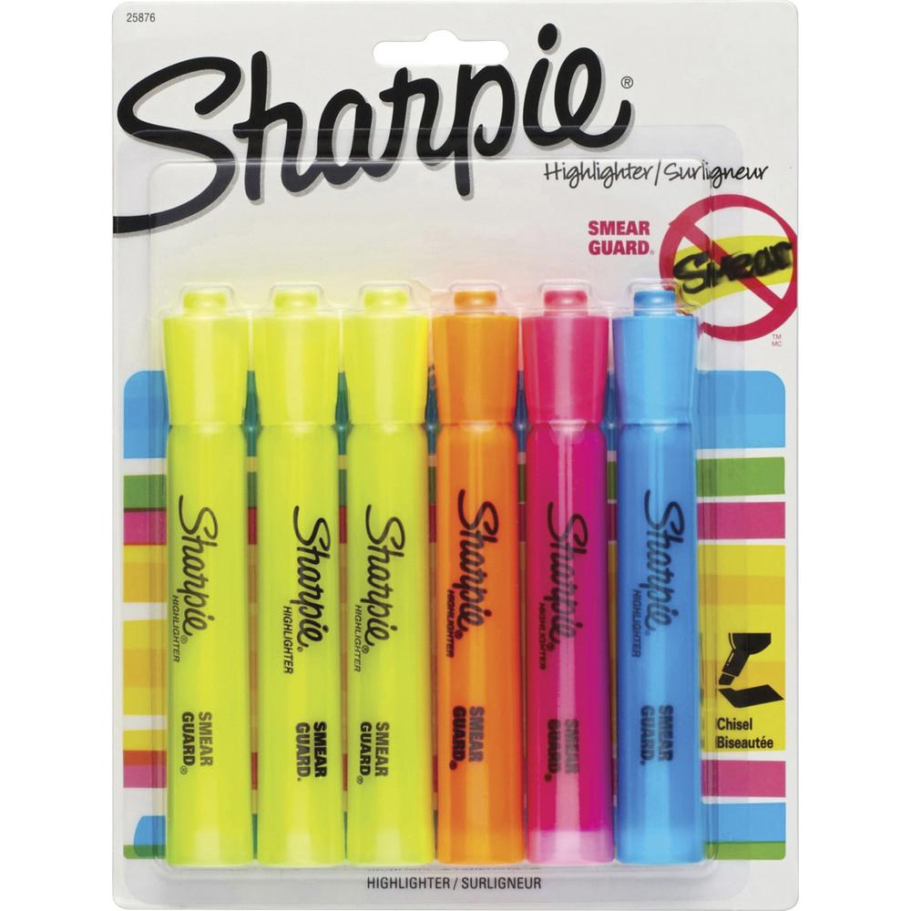 Sharpie Highlighter - Tank - Chisel Marker Point Style - Yellow, Blue, Orange, Pink - 6 / Pack. Picture 1