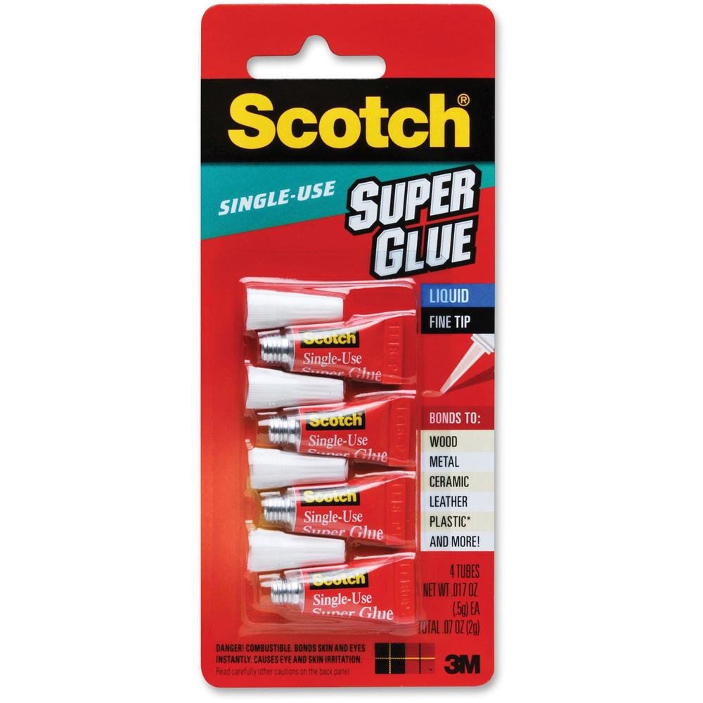 Scotch Super Glue Liquid - 0.05 grams Single-Use Tubes - 0.02 oz - 4 / Pack - Clear. Picture 1