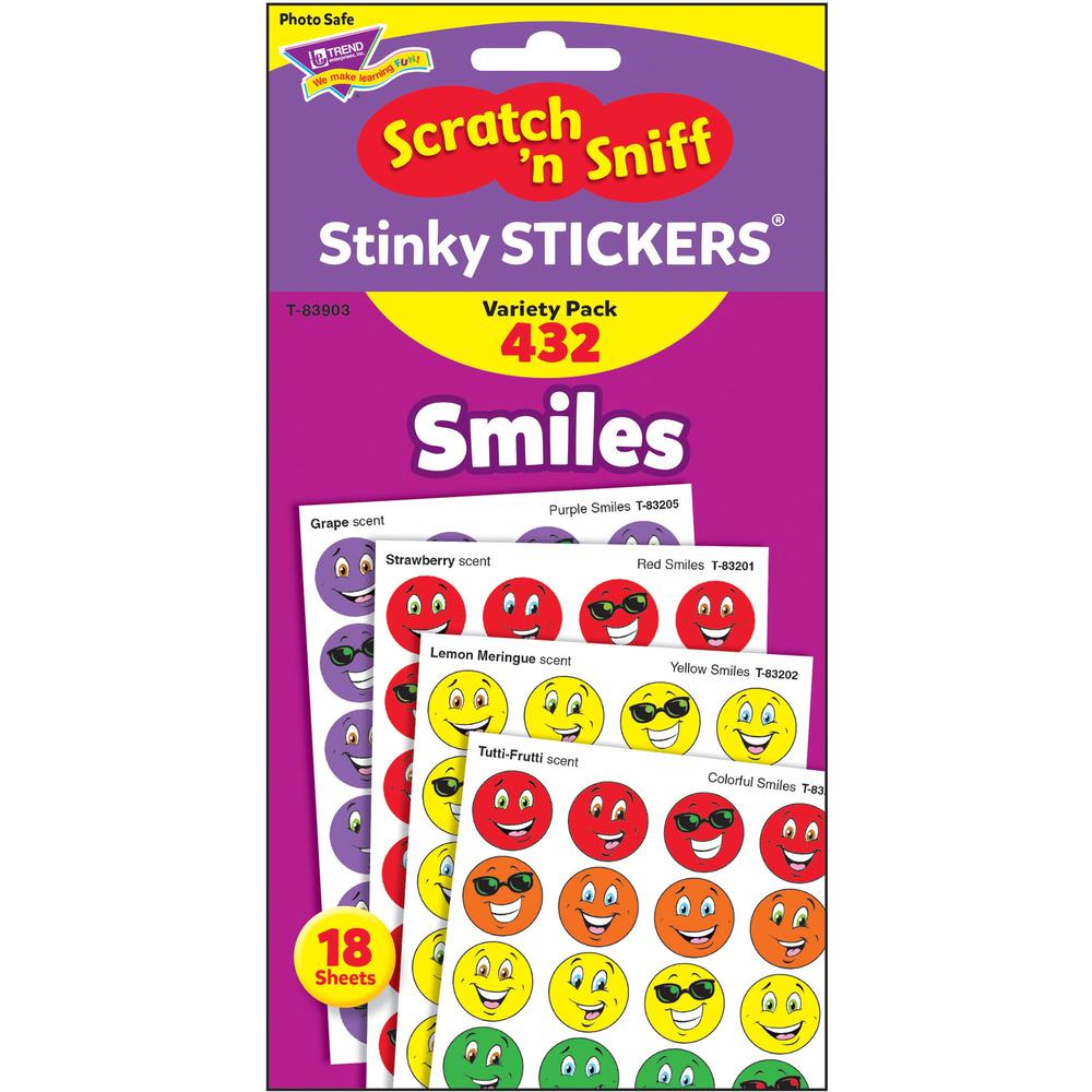 Trend Smiles Stinky Stickers Variety Pack - Skill Learning: Motivation - 432 x Smilies Shape - Scented, Acid-free, Non-toxic, Photo-safe - Red, Yellow, Purple, Orange, Green, Blue - 432 / Pack. The main picture.