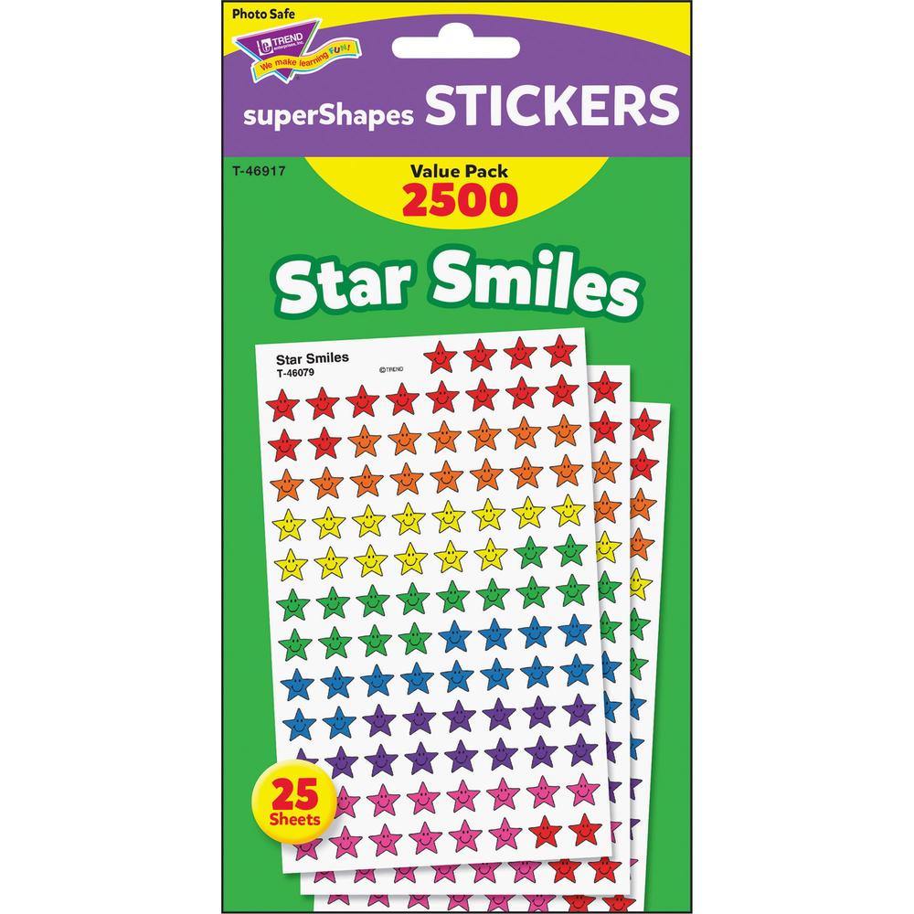 Trend Super Shapes Star Smiles Stickers - 2500 x Star Shape - Self-adhesive - Acid-free, Non-toxic, Photo-safe - Assorted - 2500 / Pack. Picture 1