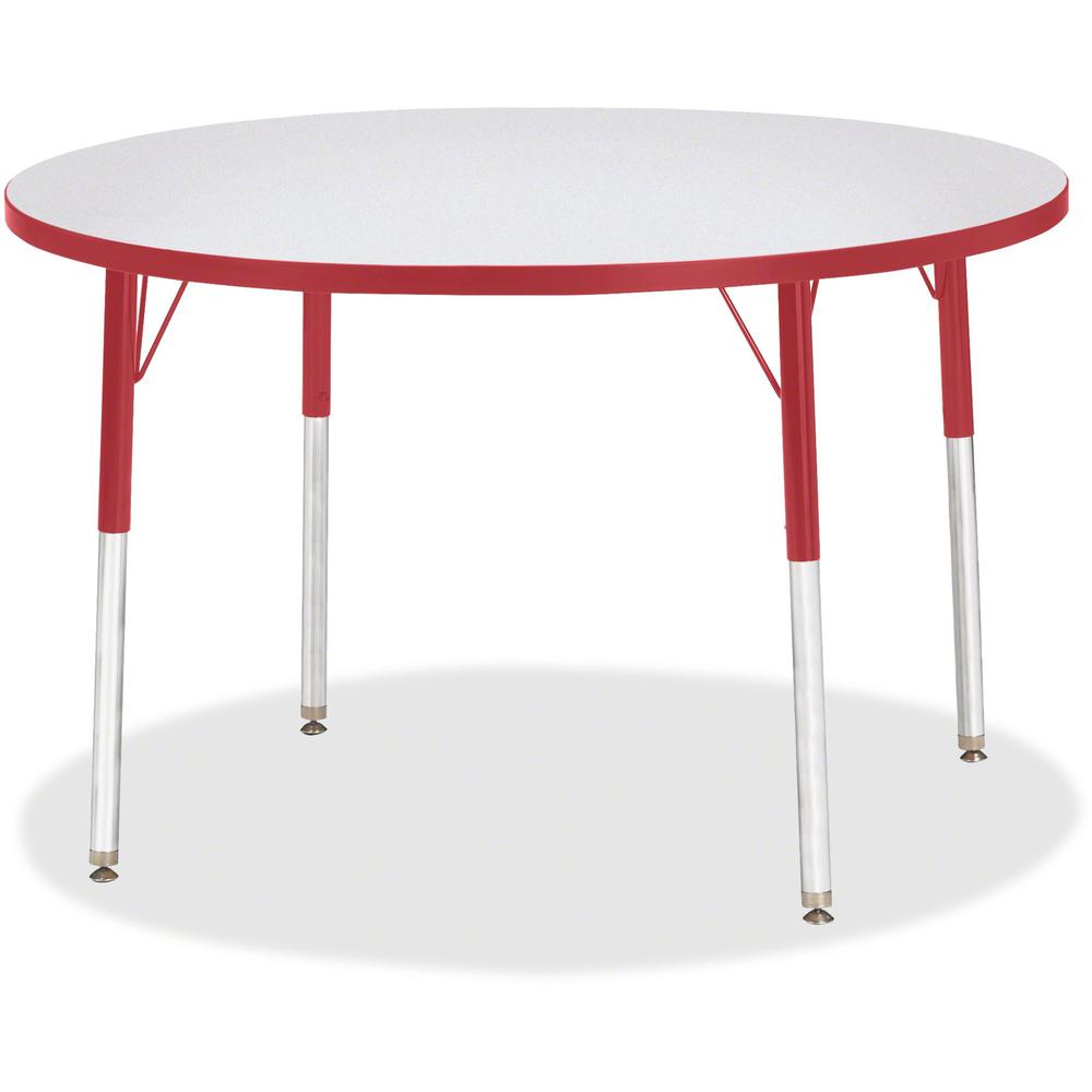 Jonti-Craft Berries Adult Gray Laminate Round Table - Laminated Round, Red Top - Four Leg Base - 4 Legs - Adjustable Height - 11" to 15" Adjustment x 1.13" Table Top Thickness x 42" Table Top Diameter. Picture 1