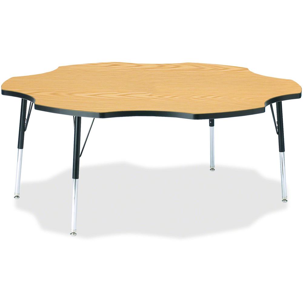 Jonti-Craft Berries Adult Black Edge Six-leaf Table - Black Oak, Laminated Top - Four Leg Base - 4 Legs - Adjustable Height - 24" to 31" Adjustment x 1.13" Table Top Thickness x 60" Table Top Diameter. Picture 1