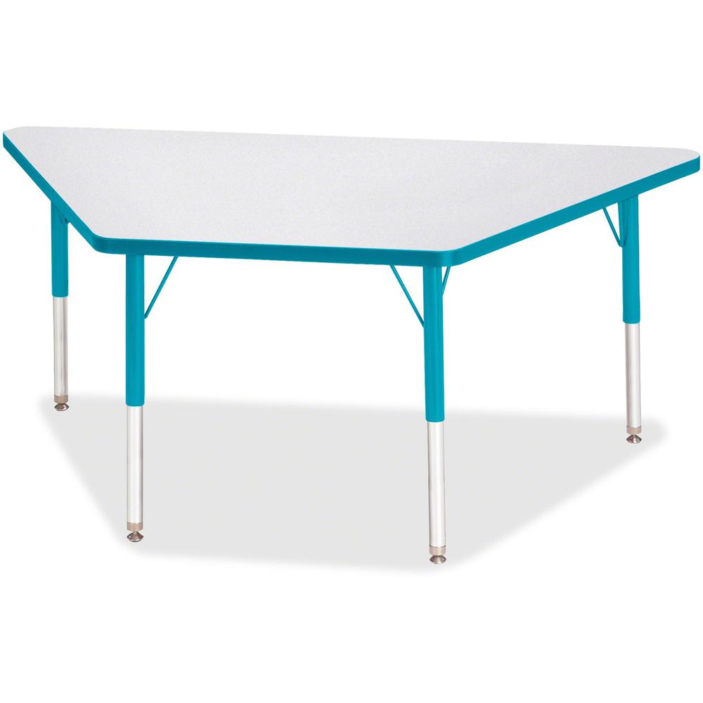 Jonti-Craft Berries Elementary Height Prism Edge Trapezoid Table - Laminated Trapezoid, Teal Top - Four Leg Base - 4 Legs - Adjustable Height - 15" to 24" Adjustment - 60" Table Top Length x 30" Table. Picture 1