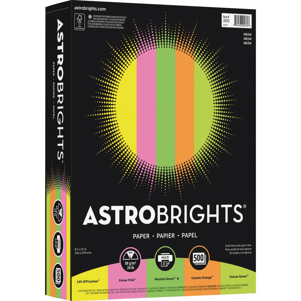 Astrobrights Color Copy Paper - "Neon" ,  5 Assorted Colours - Letter - 8 1/2" x 11" - 24 lb Basis Weight - 500 / Ream - Green Seal - Acid-free, Lignin-free, Heavyweight, Fade Resistant - Cosmic Orang. Picture 1