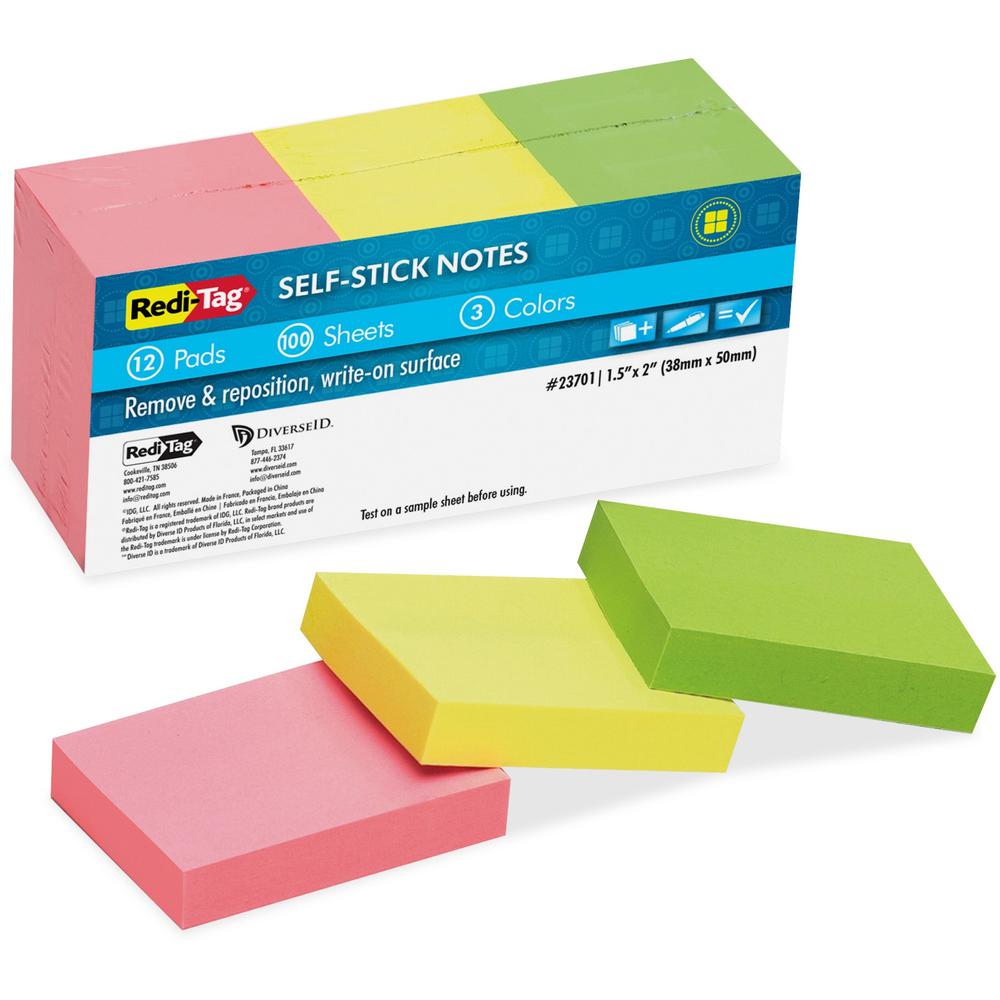 Redi-Tag Self-Stick Recycled Neon Notes - 400 x Neon Pink, 400 x Neon Green, 400 x Neon Yellow - 1 1/2" x 2" - Rectangle - 100 Sheets per Pad - Neon Pink, Neon Yellow, Neon Green - Self-stick, Solvent. Picture 1