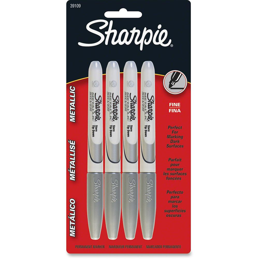 Sharpie Metallic Permanent Markers - Fine Marker Point - 0.5 mm Marker Point Size - Silver - Silver Barrel - 4 / Pack. Picture 1