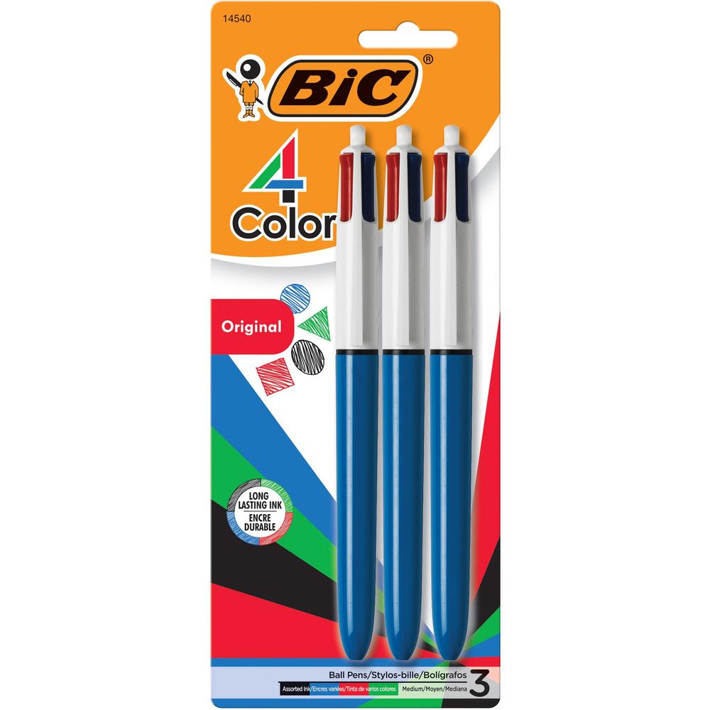 BIC 4-Color Retractable Ball Pen - Medium Pen Point - 1 mm Pen Point Size - Conical Pen Point Style - Refillable - Retractable - Black, Blue, Green, Red - Opaque Blue Barrel - 3 / Pack. Picture 1