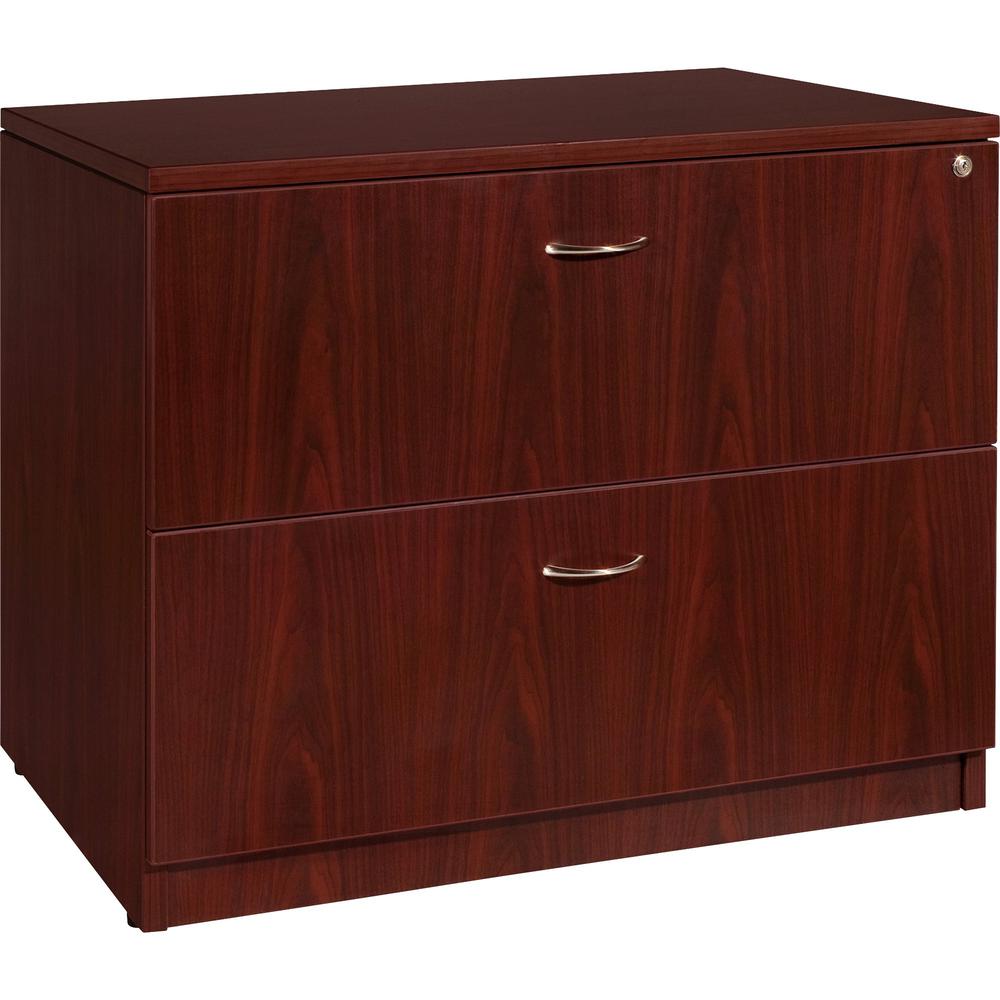 Lorell Essentials Series Lateral File - 35.5" x 22" x 1" x 29.5" - 2 x File Drawer(s) - Finish: Laminate, Mahogany - Lockable Drawer, Leveling Glide, Durable, Ball-bearing Suspension, Lockable Drawer. Picture 1