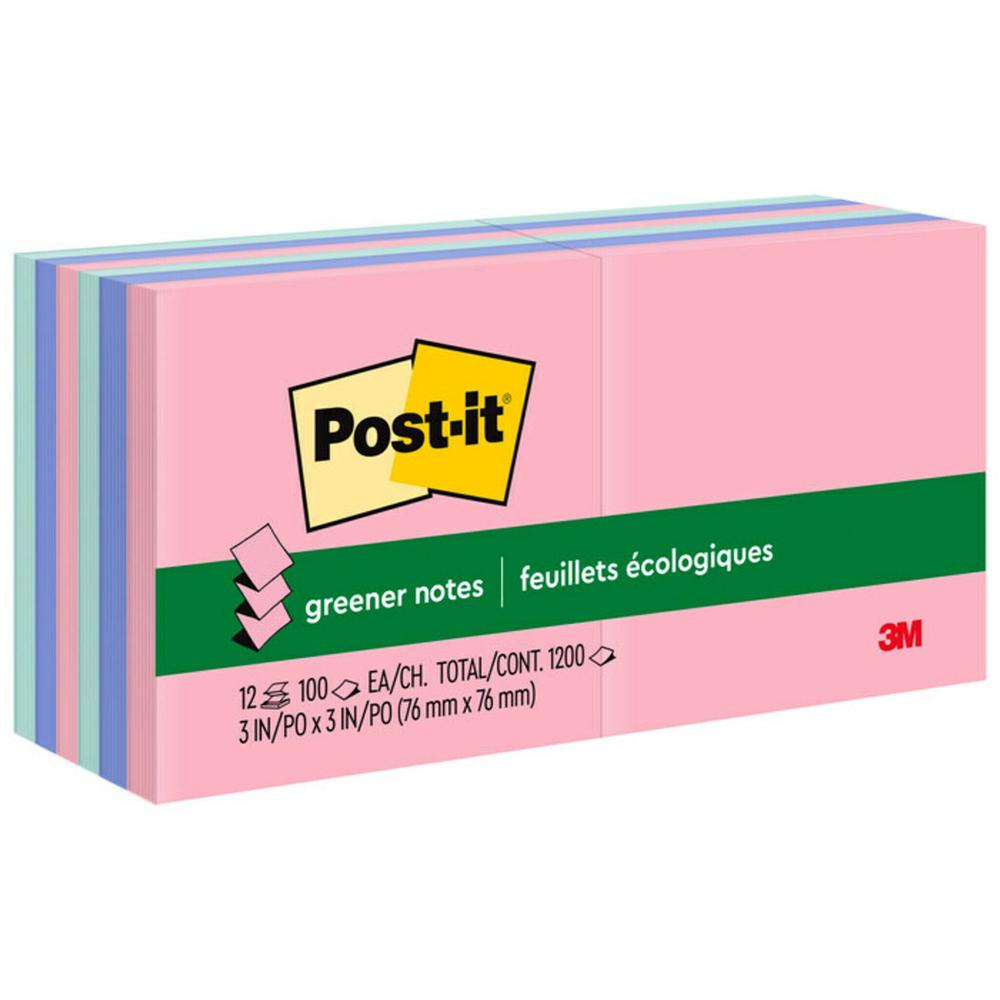 Post-it&reg; Greener Dispenser Notes - Sweet Sprinkles Color Collection - 1200 - 3" x 3" - Square - 100 Sheets per Pad - Unruled - Positively Pink, Fresh Mint, Moonstone - Paper - Repositionable, Pop-. Picture 1