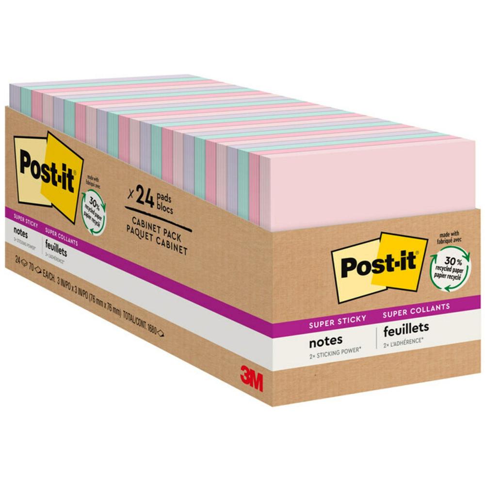 Post-it&reg; Super Sticky Notes Cabinet Pack - Wanderlust Pastels Color Collection - 1680 - 3" x 3" - Square - 70 Sheets per Pad - Unruled - Pink Salt, Positively Pink, Orchid Frost, Fresh Mint - Pape. Picture 1