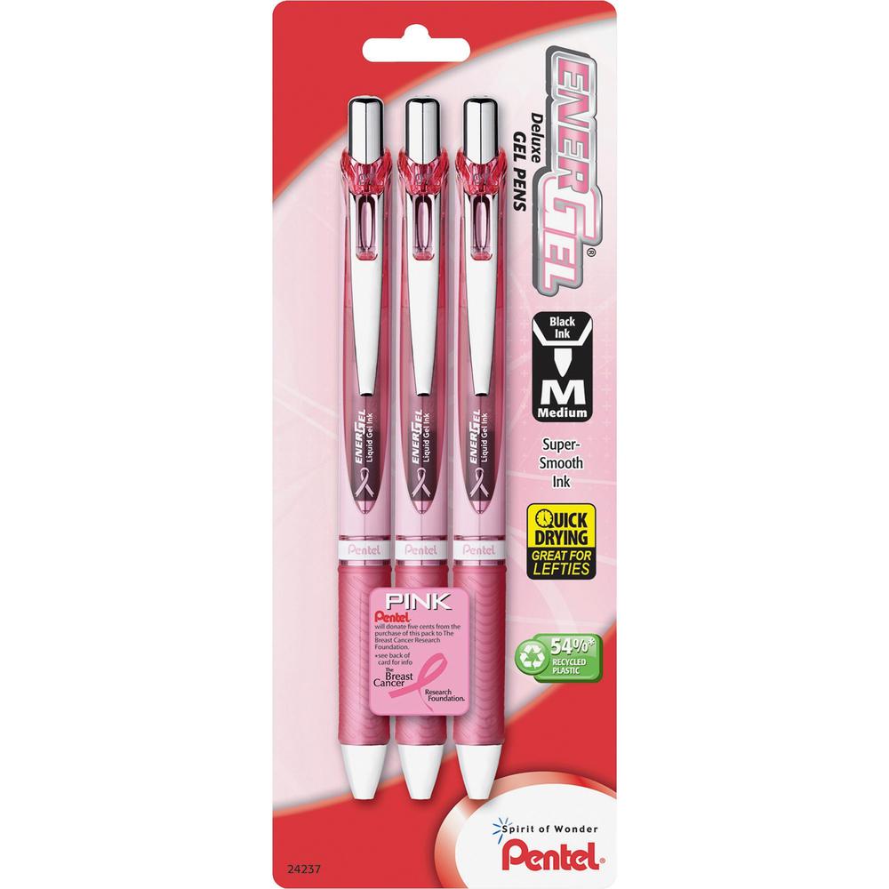 EnerGel EnerGel Pink BCA Ribbon RTX Liquid Gel Pens - Medium Pen Point - 0.7 mm Pen Point Size - Refillable - Retractable - Black Gel-based Ink - Pink Barrel - Metal Tip - 3 / Pack. Picture 1