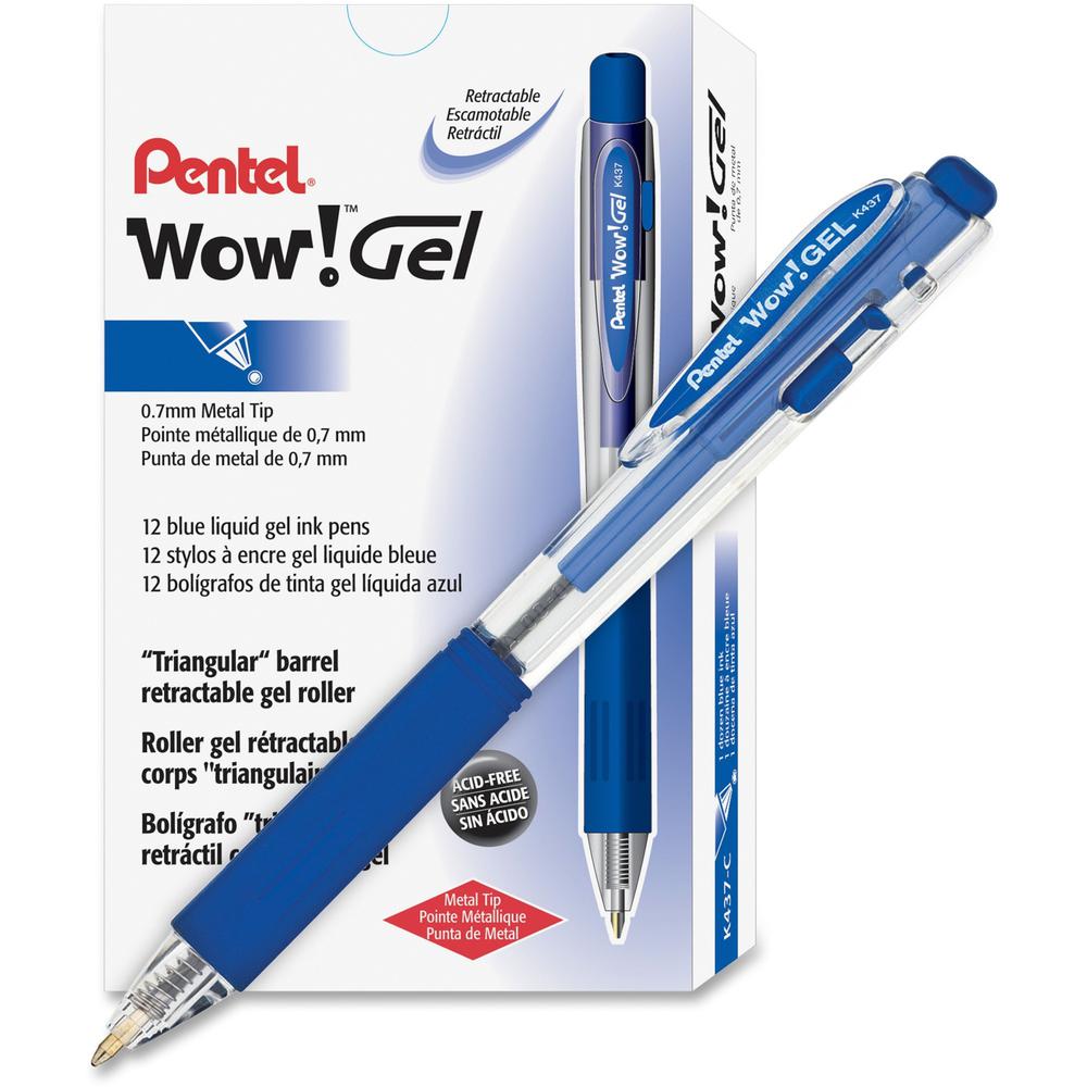 Pentel Wow! Gel Pens - Medium Pen Point - 0.7 mm Pen Point Size - Retractable - Blue Gel-based Ink - Clear Barrel - 1 Dozen. Picture 1