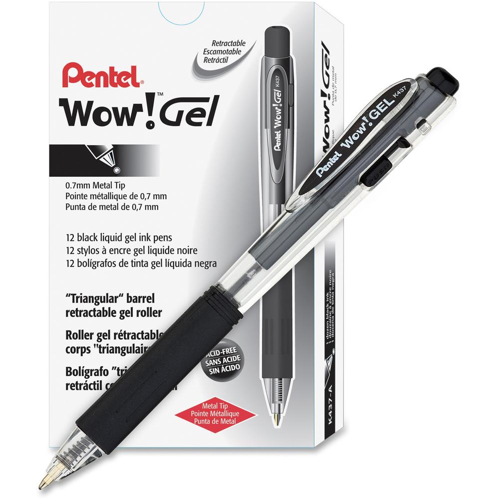 Pentel Wow! Gel Pens - Medium Pen Point - 0.7 mm Pen Point Size - Retractable - Black Gel-based Ink - Clear Barrel - 1 Dozen. Picture 1
