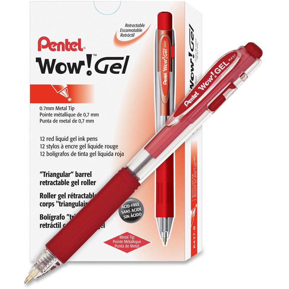 Pentel Wow! Gel Pens - Medium Pen Point - 0.7 mm Pen Point Size - Retractable - Red Gel-based Ink - Clear Barrel - 1 Dozen. Picture 1