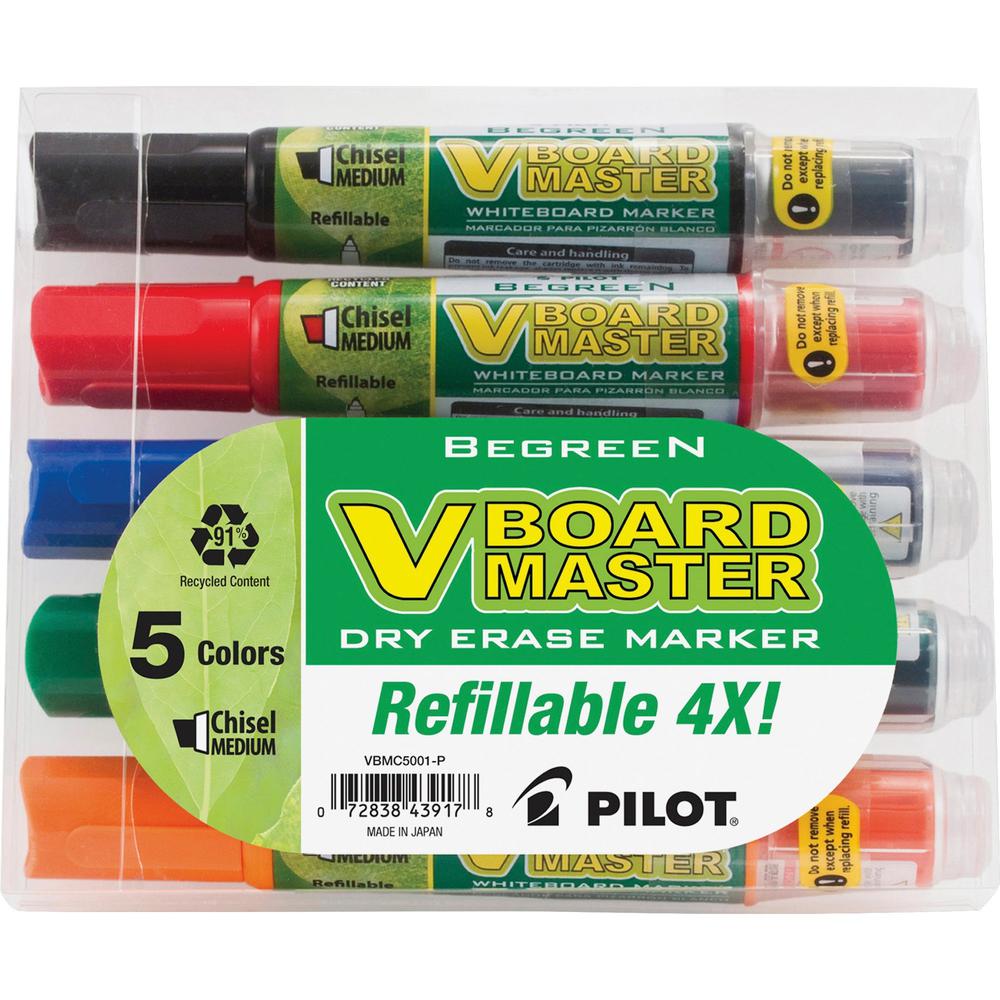 Pilot BeGreen Refillable VBoard Dry-erase Marker - Broad Marker Point - Chisel Marker Point Style - Refillable - Orange, Green, Blue, Black, Red - 5 / Pack. The main picture.