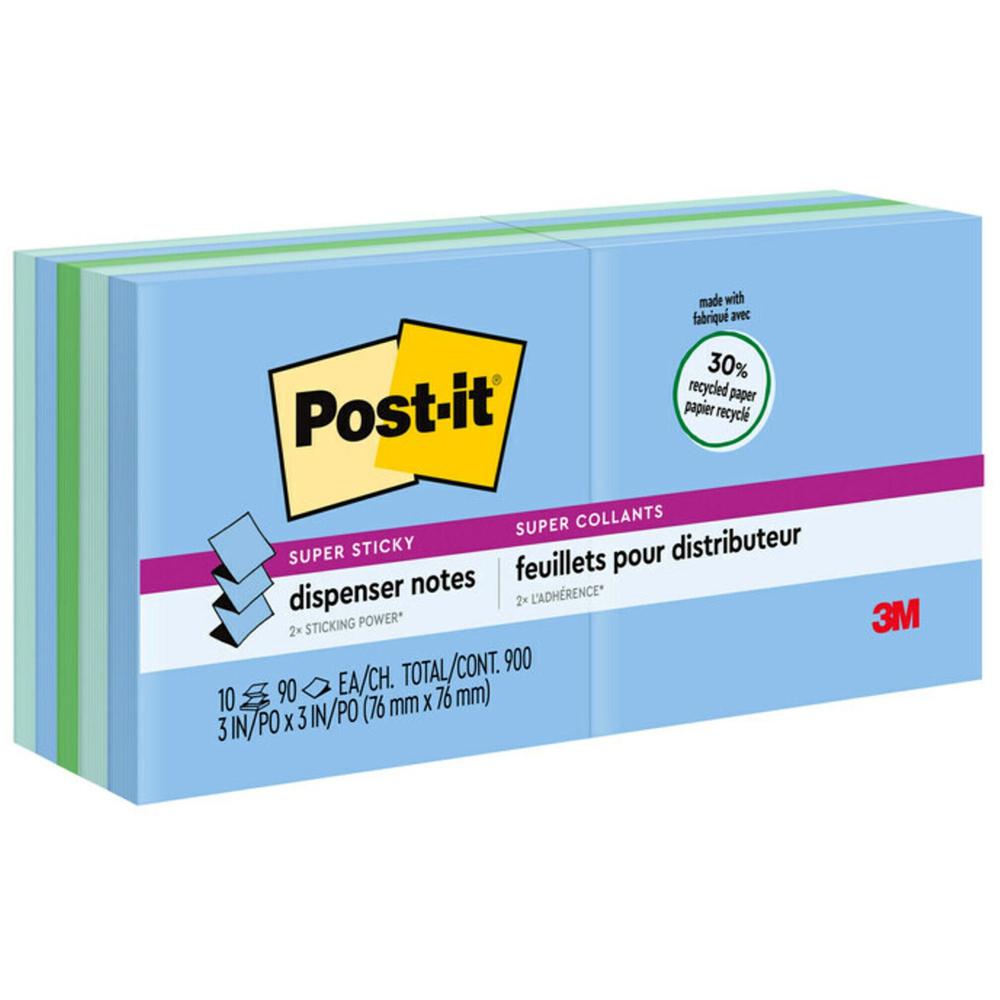 Post-it&reg; Super Sticky Adhesive Notes - Oasis Color Collection - 900 x Assorted - 3" x 3" - Square - 90 Sheets per Pad - Washed Denim, Fresh Mint, Lucky Green - Paper - 10 / Pack - Recycled. Picture 1