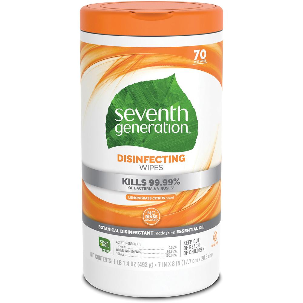 Seventh Generation Disinfecting Cleaner - Wipe - Lemongrass Citrus Scent - 7" Width x 8" Length - 70 / Canister - 70 / Each. Picture 1