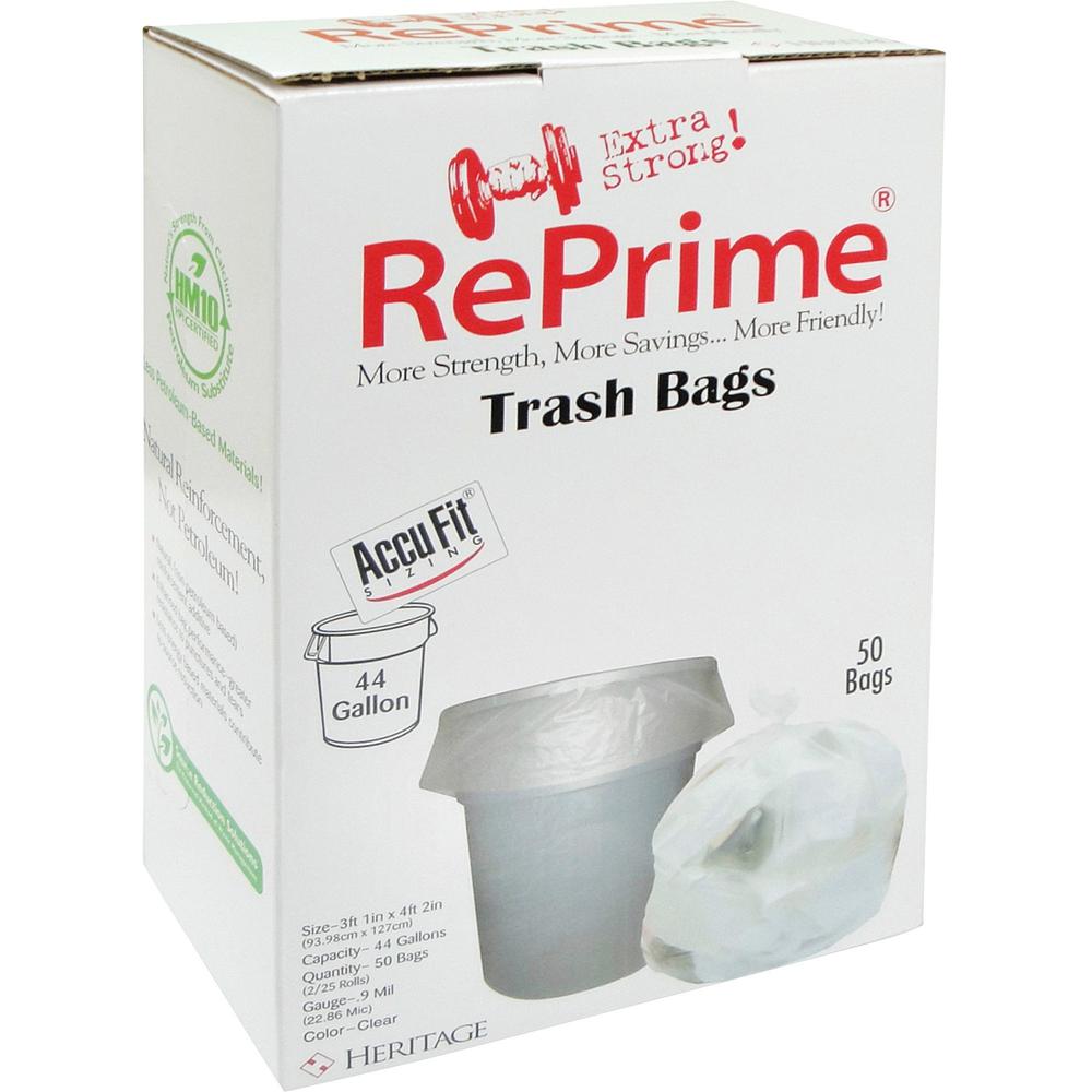Heritage RePrime AccuFit 44-gal Can Liners - 44 gal Capacity - 37" Width x 50" Length - 0.90 mil (23 Micron) Thickness - Low Density - Clear - Linear Low-Density Polyethylene (LLDPE) - 50/Box - Garbag. Picture 1