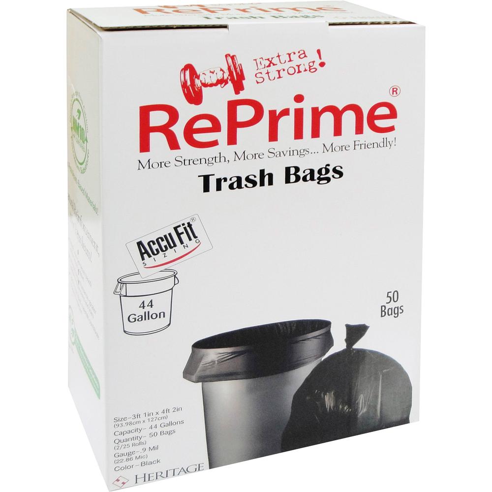 Heritage RePrime AccuFit 44-gal Can Liners - 44 gal Capacity - 37" Width x 50" Length - 0.90 mil (23 Micron) Thickness - Low Density - Black - Linear Low-Density Polyethylene (LLDPE) - 50/Box - Garbag. Picture 1