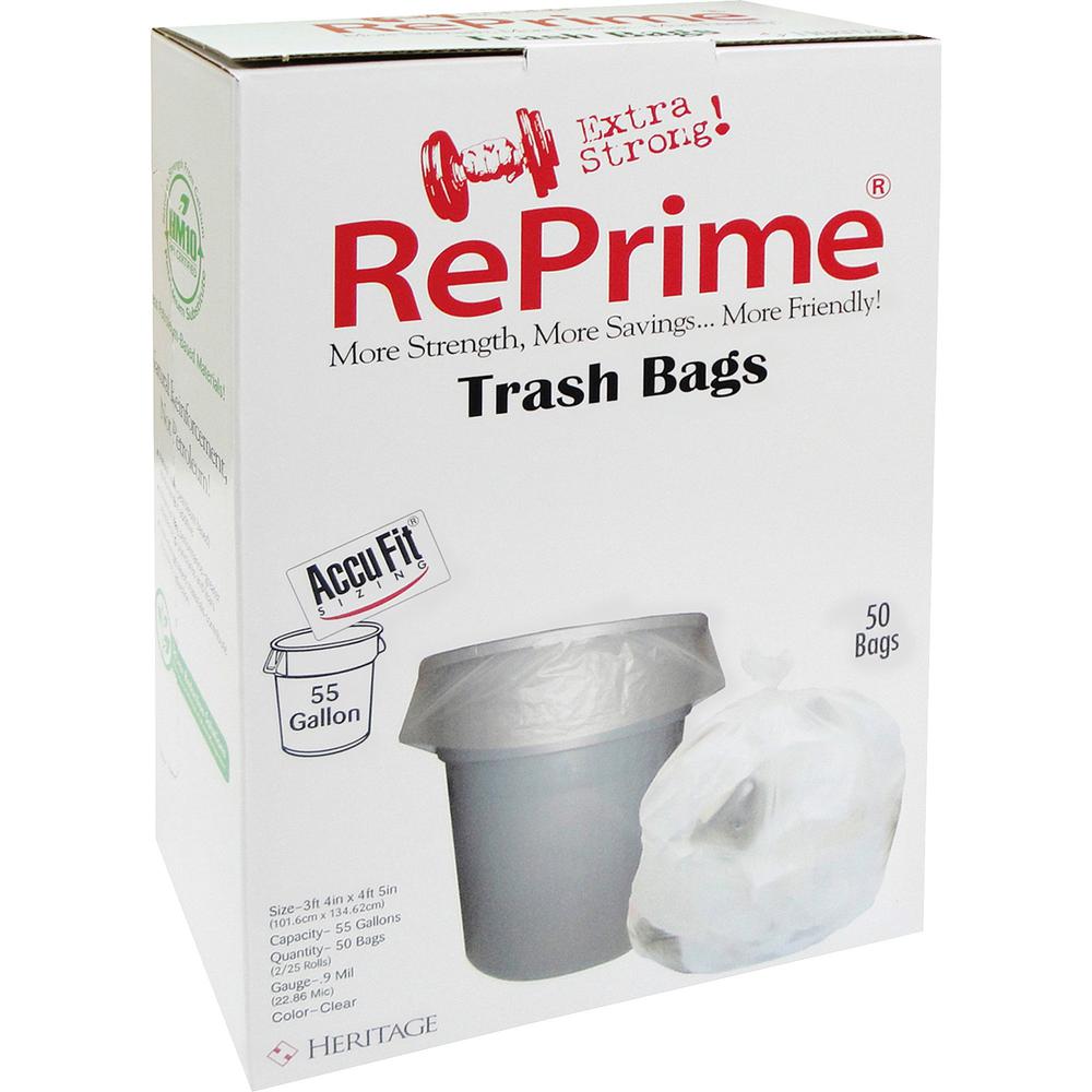 Heritage AccuFit RePrime Can Liners - 55 gal Capacity - 40" Width x 53" Length - 0.90 mil (23 Micron) Thickness - Low Density - Clear - Linear Low-Density Polyethylene (LLDPE) - 50/Box - Garbage. Picture 1
