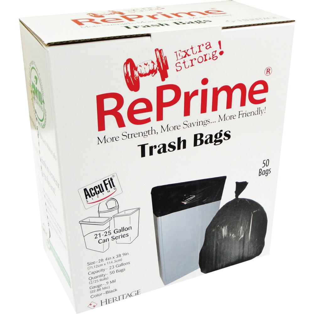 Heritage Accufit RePrime Trash Bags - 23 gal Capacity - 28" Width x 45" Length - 0.90 mil (23 Micron) Thickness - Low Density - Black - Linear Low-Density Polyethylene (LLDPE) - 50/Box - Waste Disposa. Picture 1