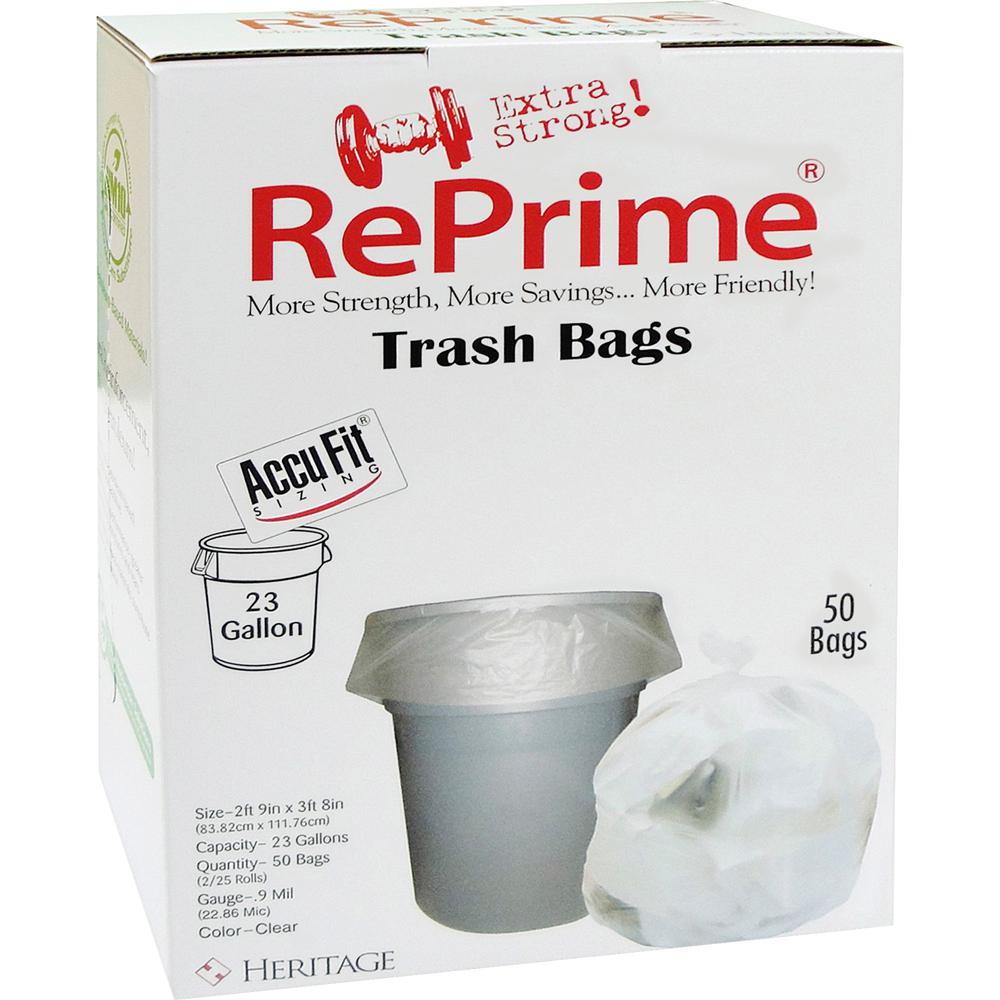 Heritage Accufit RePrime Trash Bags - 23 gal Capacity - 28" Width x 45" Length - 0.90 mil (23 Micron) Thickness - Low Density - Clear - Linear Low-Density Polyethylene (LLDPE) - 50/Box - Waste Disposa. Picture 1