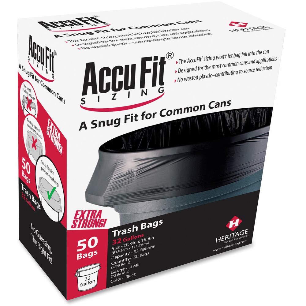 Heritage Accufit Reprime 32 Gallon Can Liners - 32 gal Capacity - 33" Width x 44" Length - 0.90 mil (23 Micron) Thickness - Low Density - Black - Linear Low-Density Polyethylene (LLDPE) - 50/Box - Gar. Picture 1