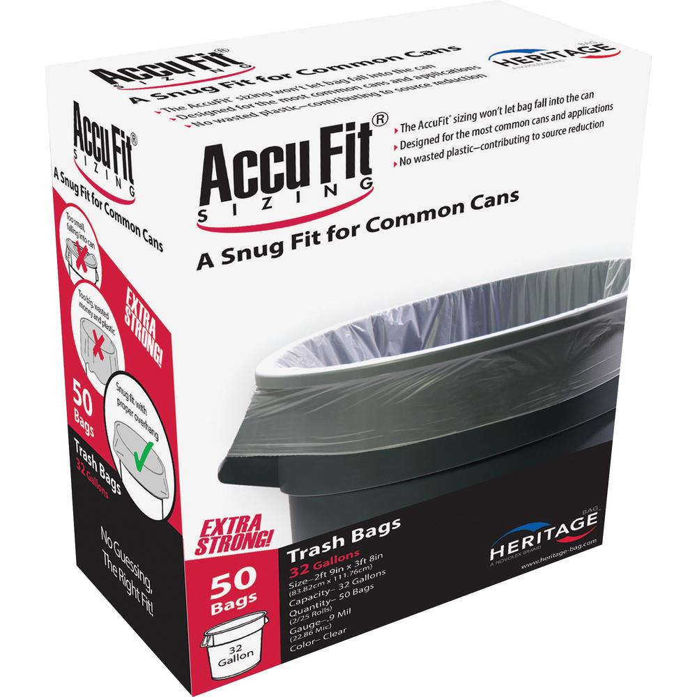 Heritage Accufit Reprime 32 Gallon Can Liners - 32 gal Capacity - 33" Width x 44" Length - 0.90 mil (23 Micron) Thickness - Low Density - Clear - Linear Low-Density Polyethylene (LLDPE) - 50/Box - Gar. The main picture.