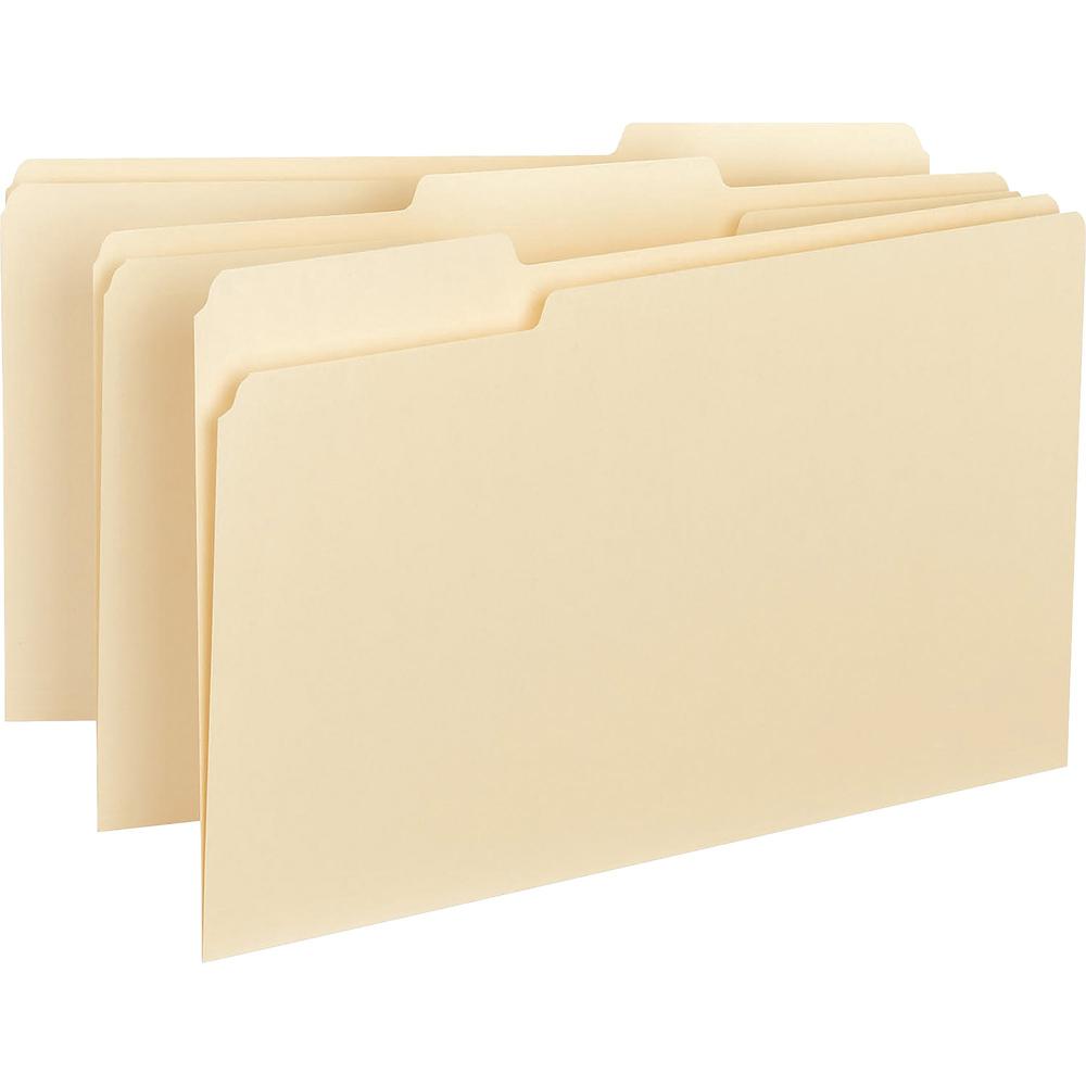 Business Source 1/3 Tab Cut Legal Recycled Top Tab File Folder - 8 1/2" x 14" - Top Tab Location - Assorted Position Tab Position - Manila - 10% Recycled - 100 / Box. Picture 1