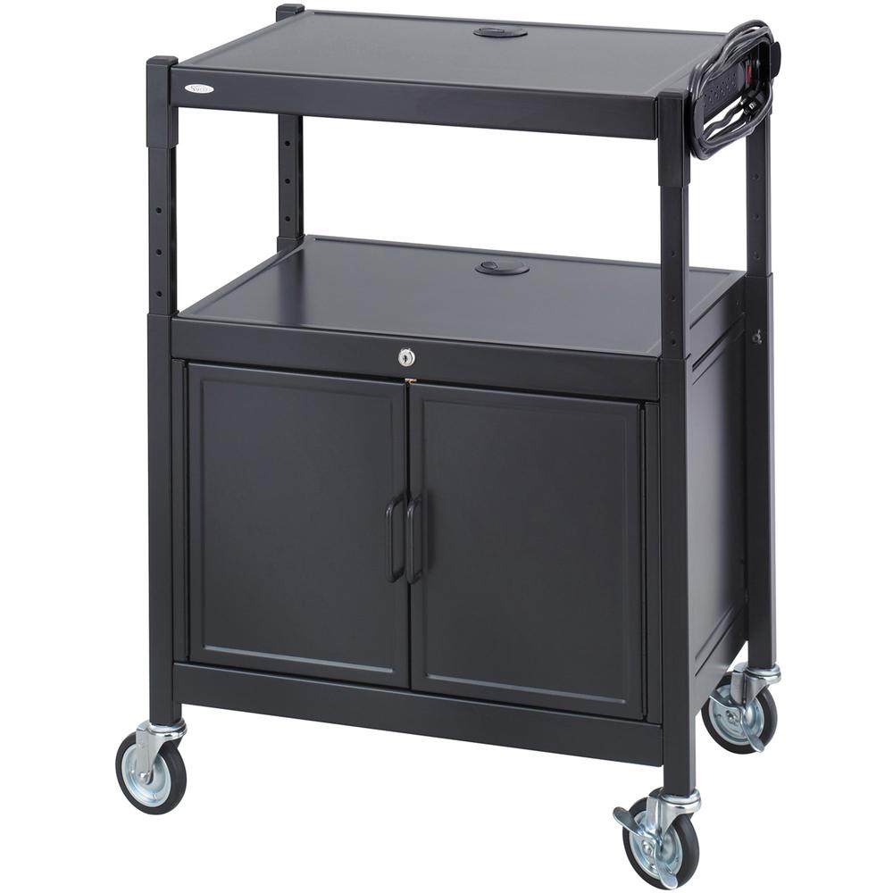 Safco Steel Adjustable AV Carts - Up to 20" Screen Support - 120 lb Load Capacity - 3 x Shelf(ves) - 42" Height x 26.8" Width x 20.5" Depth - Floor Stand - Powder Coated - Steel - Black. Picture 1