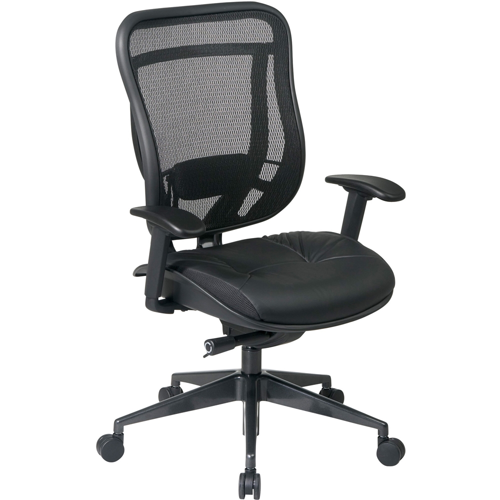 Office Star Mesh Back Executive Chair - Leather Black Seat - 5-star Base - Black - 20" Seat Width x 19" Seat Depth - 28" Width x 28.5" Depth x 44" Height. Picture 1