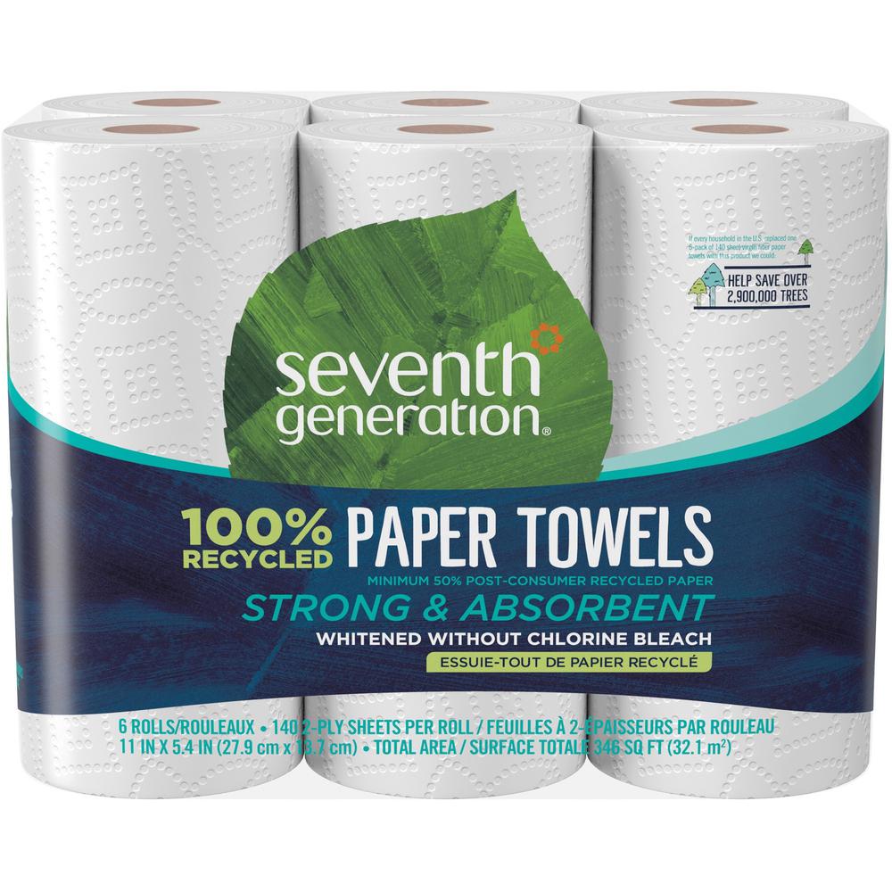 Seventh Generation 100% Recycled Paper Towels - 2 Ply - 11" x 5.40" - 140 Sheets/Roll - White - Paper - 6 / Pack. Picture 1