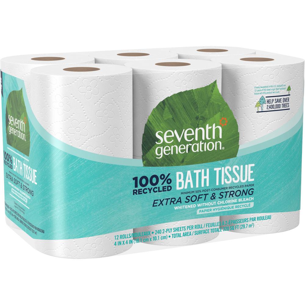 Seventh Generation 100% Recycled Bathroom Tissue - 2 Ply - 4" x 4" - 240 Sheets/Roll - White - Paper - Dye-free, Fragrance-free, Non-chlorine Bleached - For Bathroom - 12 / Pack. The main picture.