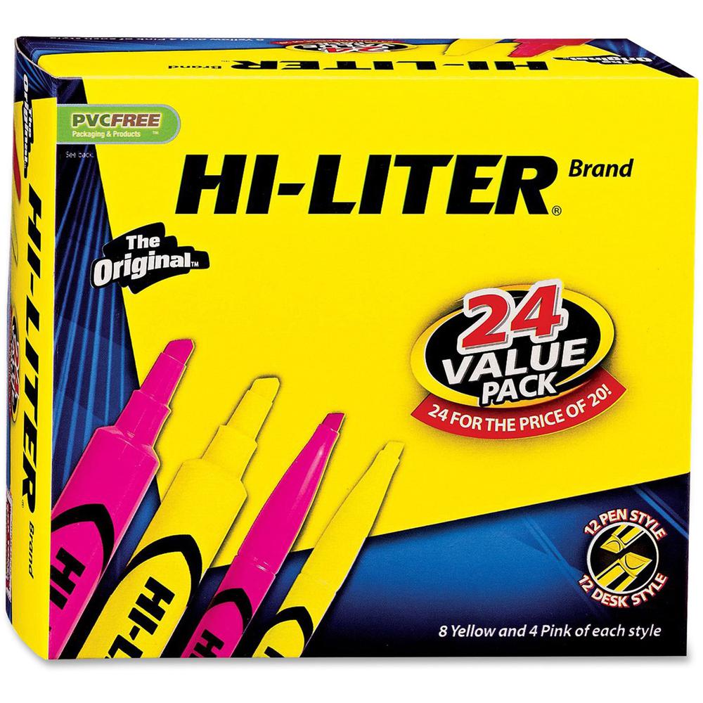 Avery&reg; Hi-Liter Desk and Pen-Style Highlighters - Chisel Marker Point Style - Fluorescent Yellow, Fluorescent Pink Water Based Ink - Assorted Barrel - 24 / Box. Picture 1